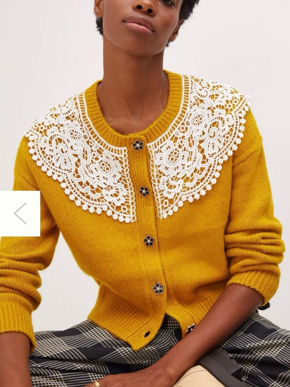 Maeve Mustard Lace-Collar Cropped Cardigan Sweater